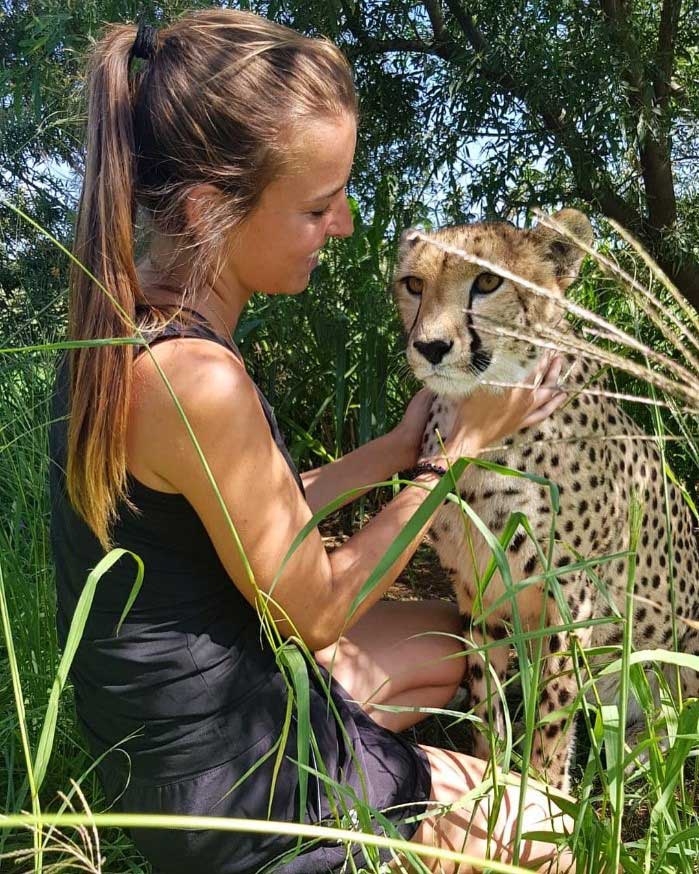 Yne verzorgt een jachtluipaard in Zuid-Afrika.